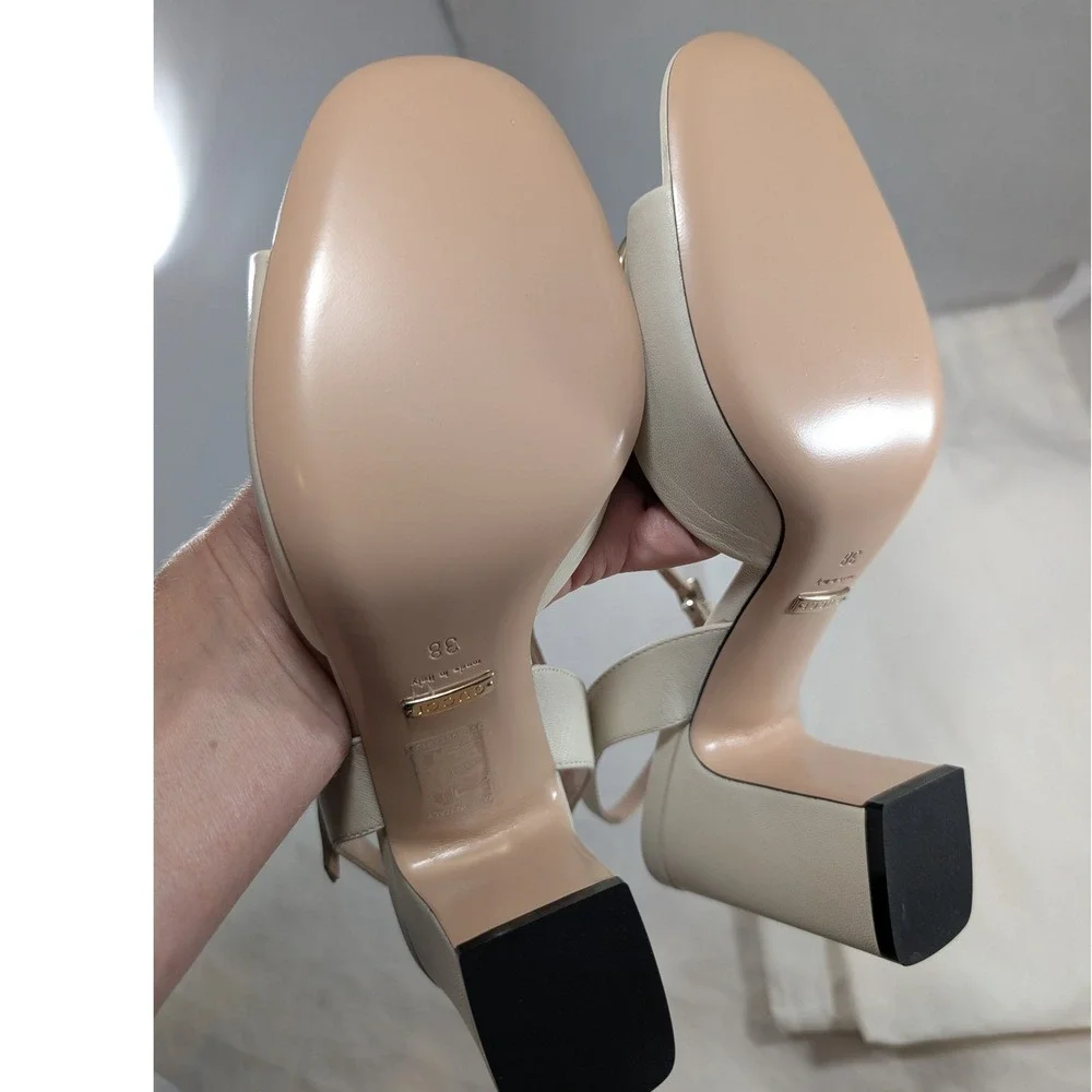 Gucci Horsebit Block Heel Sandals Cream Leather Gold Hardware IT 38